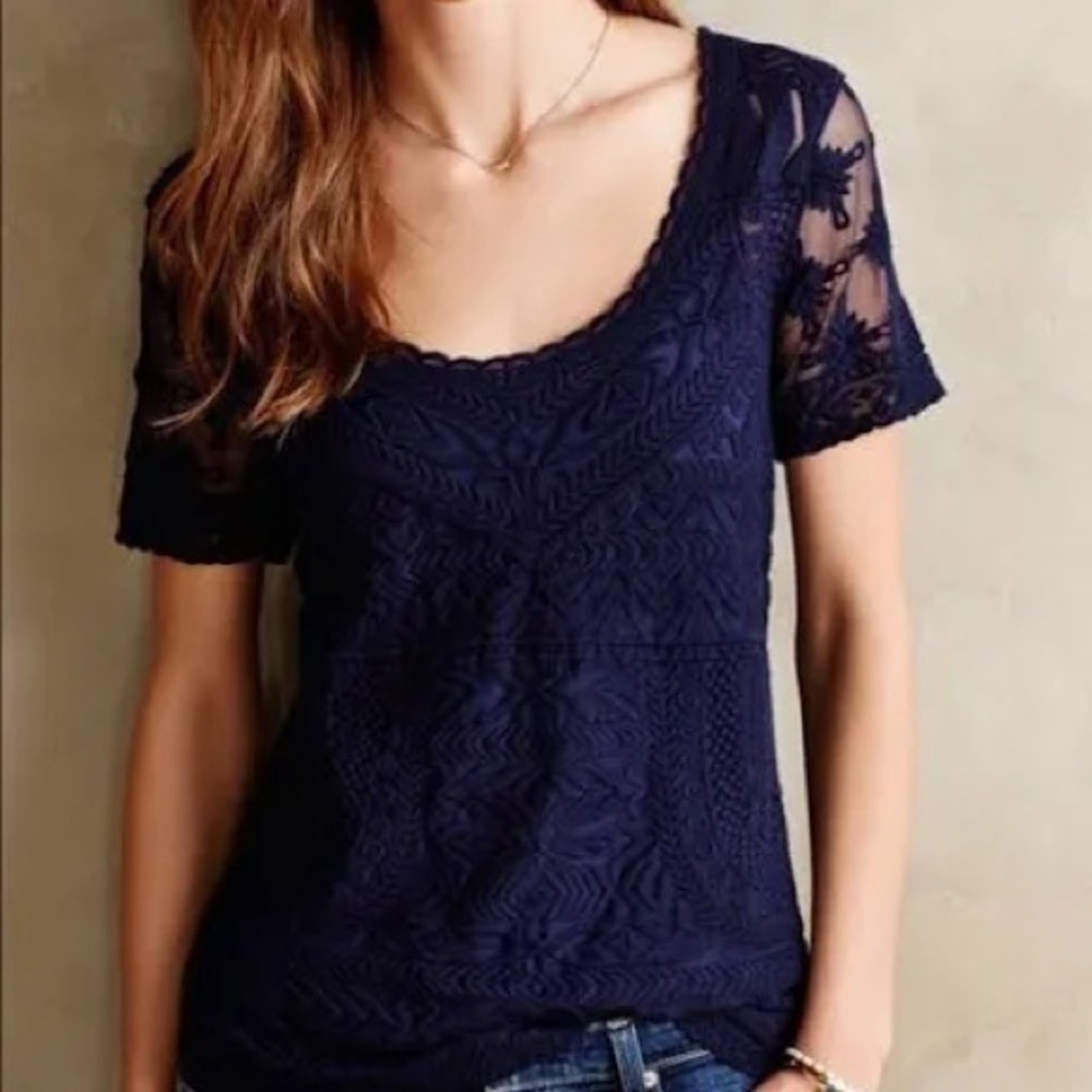 Anthropologie Meadow Rue Blue Short Sleeve Embroidered Lace Top